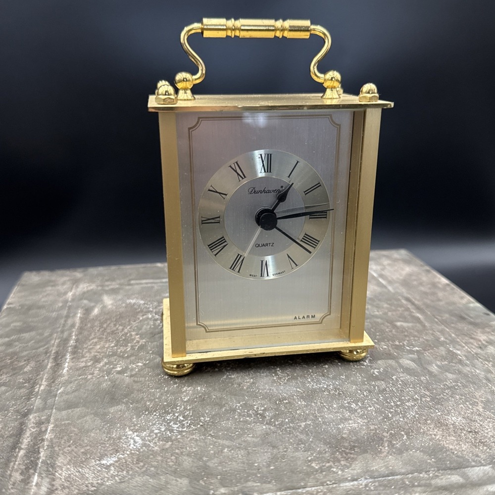 Vtg 1980s Mini Dunhaven West Germany Carriage 5" w Handle Alarm Clock Brass